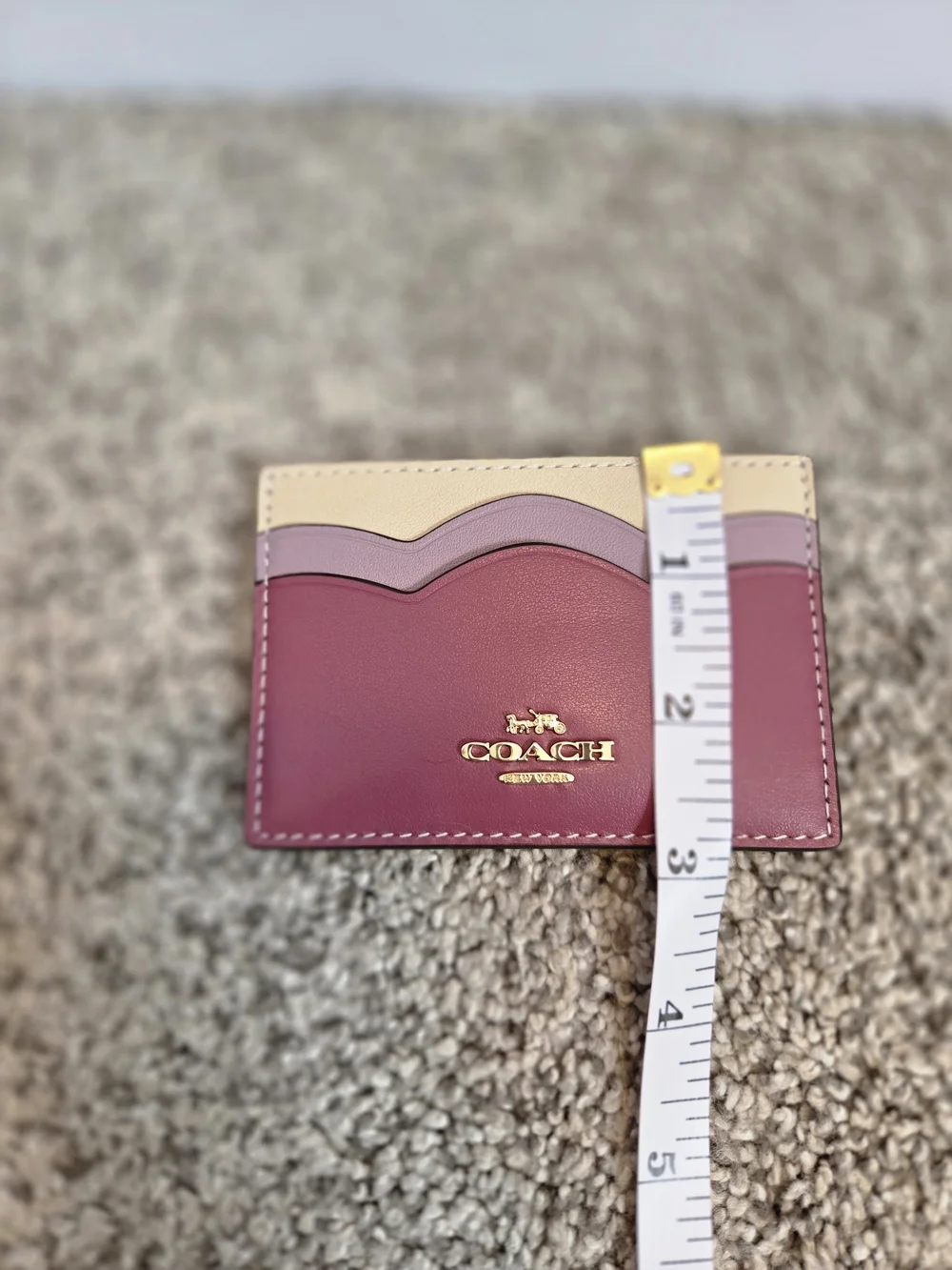 Coach Colorblock Leather Card Holder in Burgundy, Mauve & Cream